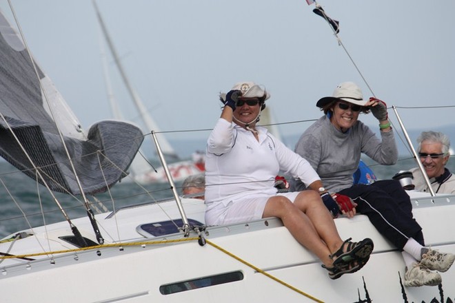 Hold onto your hats girls, Mark Hipgrave’s The Healer crossing the finish on day one - Ensign Yachts QLD French Yacht Challenge and Beneteau Cup 2011 © Tracey Johnstone